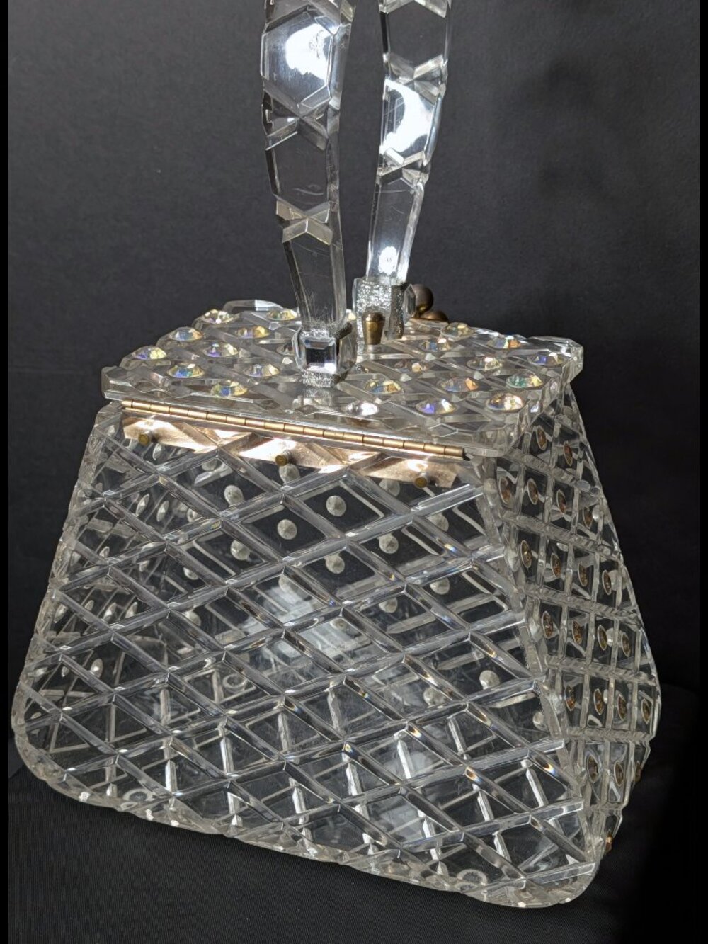Unbelievable CHARLES KAHN Clear Lattice Rhinestone 1950s Lucite Purse, Good Cond - Picture 7 of 15